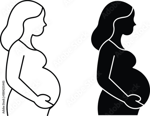 Simple outline and silhouette of a pregnant woman in profile view