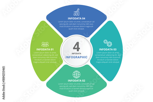 Circular infographic template with four sections and icons representing business, teamwork, and global connections.