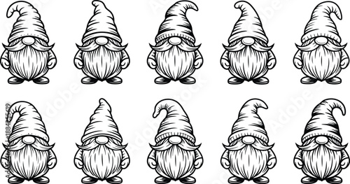 Ten black and white garden gnomes with long beards wear pointed hats.