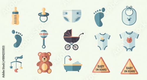 Baby nursery essentials and symbols on cream background