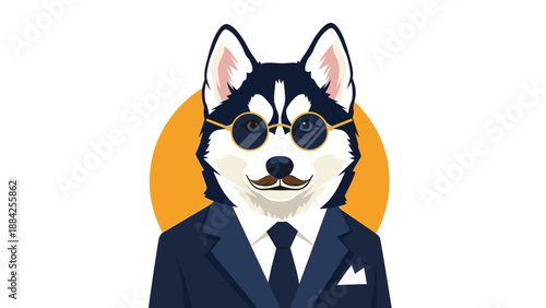 Sophisticated husky dog character dressed in a professional navy suit with a tie, round sunglasses, and a mustache, set against an orange circle.