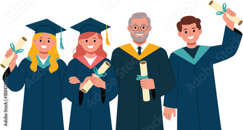 Four smiling graduates in academic robes hold diplomas celebrating educational.