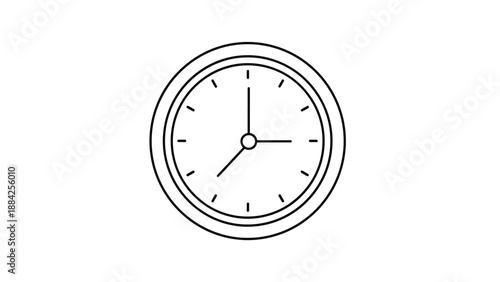 Minimalist black and white line art illustration of a classic wall clock showing approximately seven minutes past three o'clock on a clean dial.