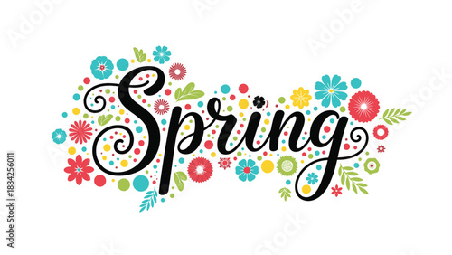Festive Spring text design surrounded by a dense circular arrangement of vibrant flowers, green leaves, and colorful dots on a white backdrop.