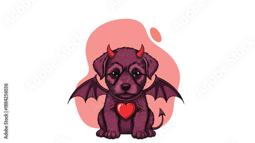 Unique purple puppy character featuring red devil horns, black bat wings, and a red heart necklace on an abstract pink background for halloween.