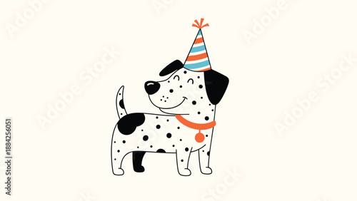 Playful Dalmatian dog character wearing a colorful striped party hat and looking over its shoulder on a simple cream-colored background for fun.