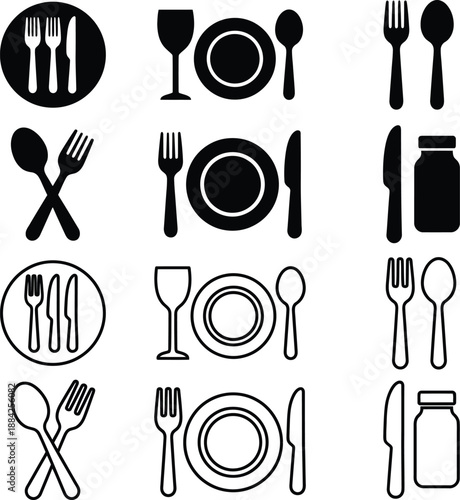 Collection of icons representing tableware and dining settings