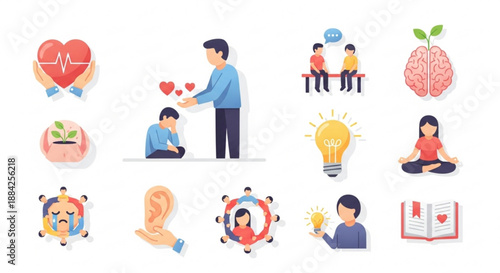 Mental health and wellness icons for self care and mindfulness concepts