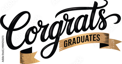 Elegant black script calligraphy congratulates graduates featuring gold ribbon accents.
