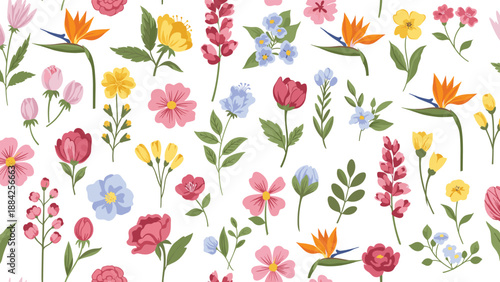Beautiful seamless pattern featuring a variety of colorful wildflowers such as roses, tulips, and birds of paradise on a clean white background.