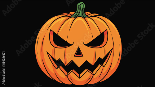 Spooky Halloween jack-o'-lantern pumpkin featuring a carved evil face with sharp teeth, isolated on a solid black background for a dark effect.