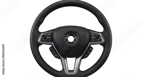 Black leather car steering wheel shows stitched texture with controls. For product photography or branding.