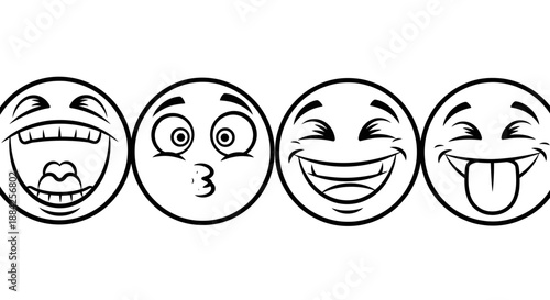 Set of Hand-Drawn Emoji Face Icons in Black and White Featuring Laughing Silly and Happy Expressions for Social Media Stickers Vector
