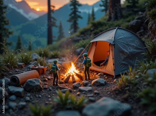 Cartoon hikers with backpacks gather around campfire beside pitched tent after mountain trek. Adventure, alpinism, outdoor exploration, wilderness camping, teamwork, and daytrip spirit depicted