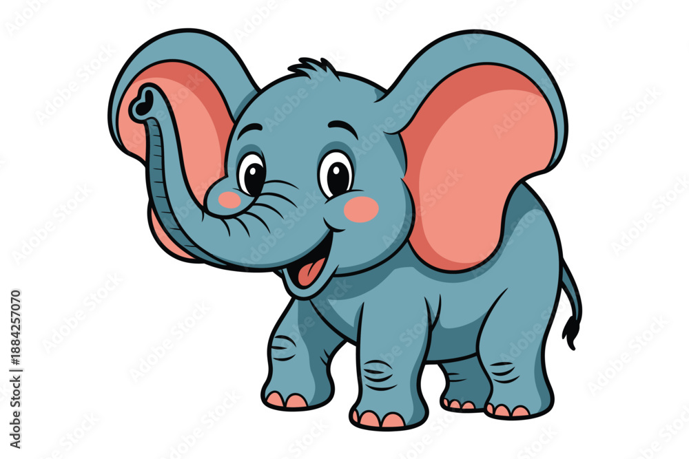 Fototapeta premium A cartoon elephant with big ears and a happy face stands on a white background