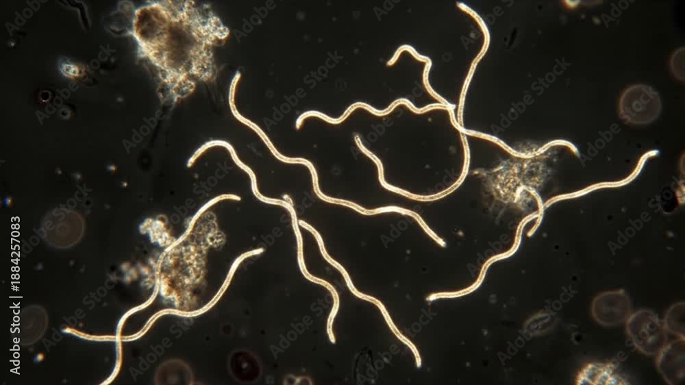 Lyme disease spirochetes floating in a liquid. Microscopic photo of a ...