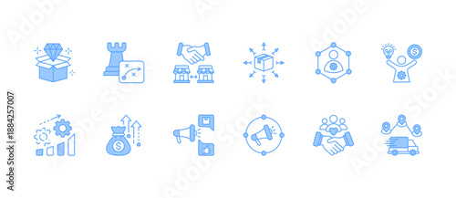 Business Concept Stroke Vector Illustration. Containing Planning, Acquisition, Distribution Channels, Business Network, Entrepreneurship, Business Development icons. Stroke Icon Collection Blue Icon
