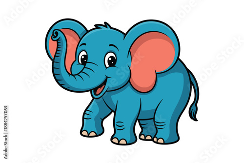 A cartoon blue elephant with large pink ears and a happy expression stands on a white background.