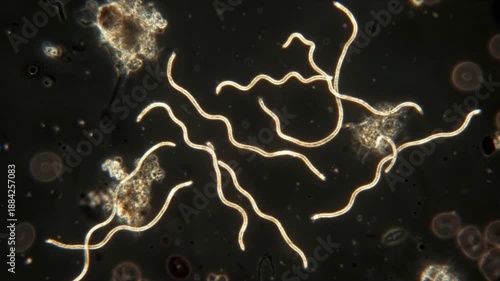 Lyme disease spirochetes floating in a liquid. Microscopic photo of a spirochete of Lyme disease bacteri. Lyme disease bacteria gather in one place in colonies surrounded by a biofilm.	
