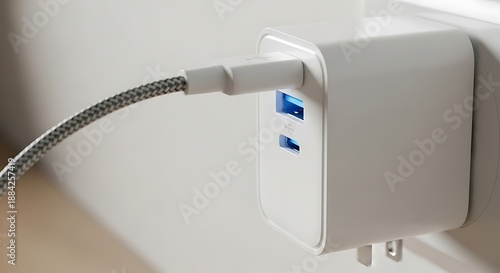 Modern white wall charger with two usb ports and a connected cable providing power and charging to electronic devices