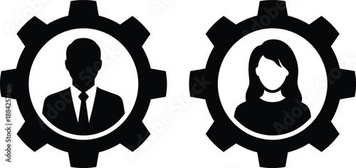 Male and female business profile icons inside gear symbols representing human resources, workforce management, system settings, corporate administration concept