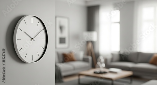 Modern minimalist wall clock in white and silver tones on a gray wall in a contemporary living room with a gray sofa and coffee table.