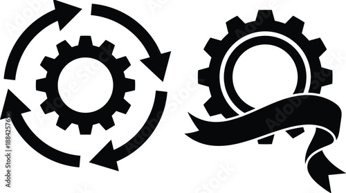 Gear rotation and settings icons representing process workflow, system update, automation cycle, configuration concept, flat black vector illustration