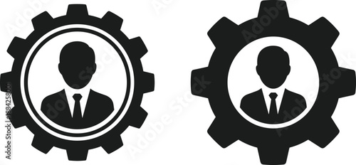 Business user profile icons inside gear symbols representing management, settings, human resources, teamwork, system configuration, flat black illustration