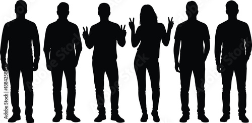 Group of young people silhouettes showing peace sign gestures standing together, cad drawing flat vector illustration for social lifestyle concepts