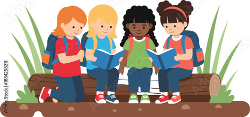 Children reading books together outdoors with backpacks and nature background, cad drawing flat vector illustration for education learning concepts