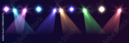 A set of multi-colored spotlights with realistic glow and a directional light cone.