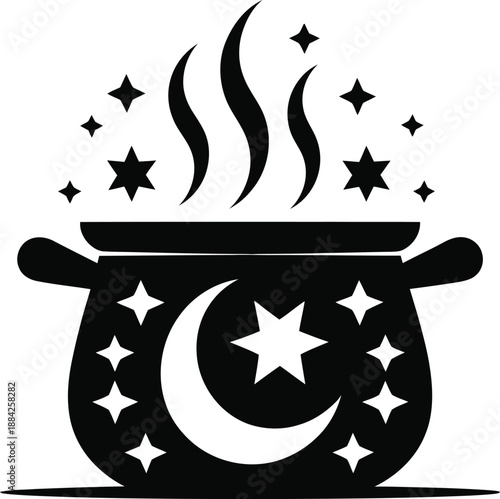 Black and white cauldron steaming with stars and a prominent crescent moon design.