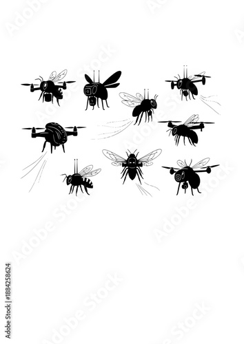 Robotic Bee Pollinator Silhouette, Autonomous Drone for Biodiversity, AgTech and Future Sustainable Agriculture Concept Vector