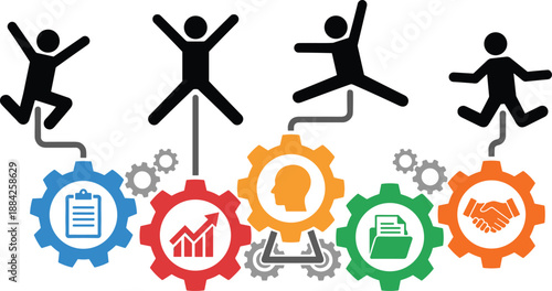 Human resources management illustration with recruitment process, team collaboration, problem solving gears, business workflow, hiring strategy, flat vector design