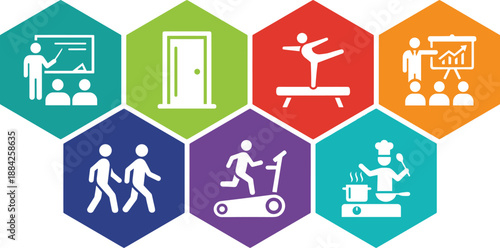 Daily life activities infographic illustration with education, fitness, work, cooking, walking, lifestyle routine concept, colorful hexagon icons, flat vector design