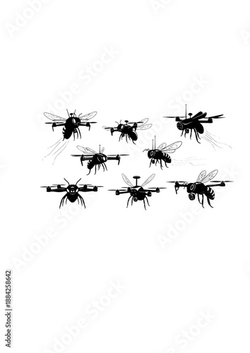 Robotic Bee Pollinator Silhouette, Autonomous Drone for Biodiversity, AgTech and Future Sustainable Agriculture Concept Vector