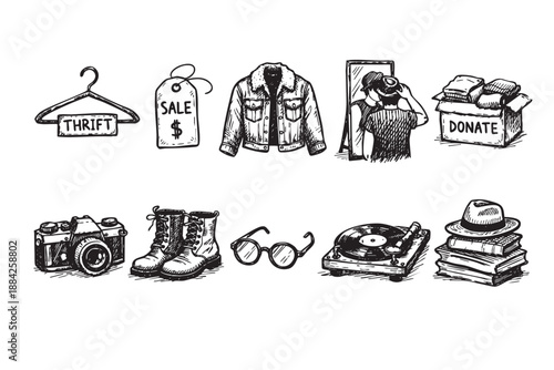 A collection of black and white hand-drawn doodle icons representing thrift store shopping, vintage lifestyle, and second-hand items, perfect for eco-conscious themes.