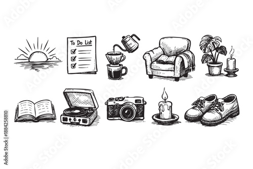 A vector illustration featuring a collection of hand-drawn black and white icons representing daily life, cozy routines, and popular hobbies such as coffee making, reading, music, and photography.