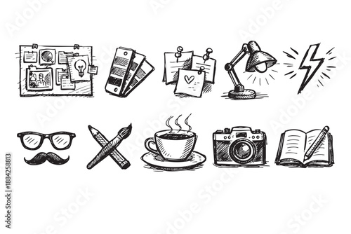 A collection of hand-drawn sketch icons depicting creative process tools and inspiration elements like a mood board, camera, coffee, and art supplies in a stylish black and white vector illustration.