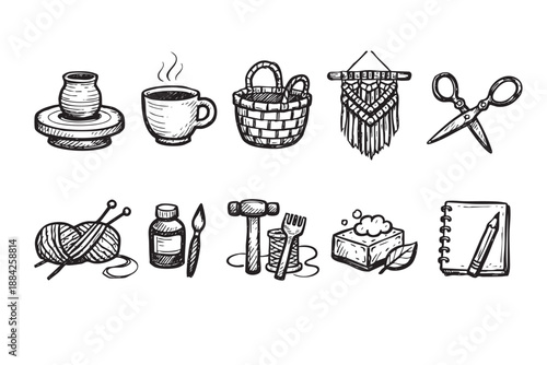 This black and white hand-drawn vector icon set depicts various creative hobbies and craft activities like pottery, knitting, painting, and macrame, ideal for DIY projects and workshops.