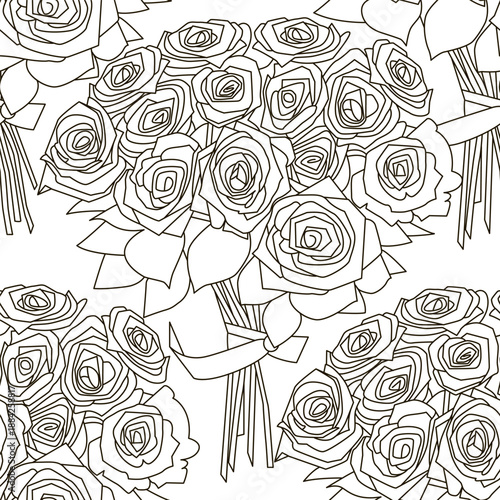 seamless pattern of a black-contoured bouquet of roses on a white background. linear element  for monochrome minimalist festive background. stock vector illustration. EPS 10.