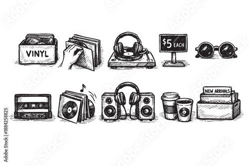 Doodle-style sketch illustration featuring vinyl records, a turntable, headphones, speakers, and coffee, evoking a retro and music-loving atmosphere.