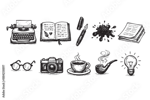 A hand-drawn collection of black and white sketch icons representing creative writing, photography, and intellectual hobbies, isolated on a white background, evoking a nostalgic, artistic mood.