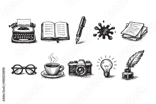 A monochromatic hand-drawn vector illustration showcasing various vintage-style elements representing creativity, writing, ideas, and artistic pursuits, isolated on a clean white background.