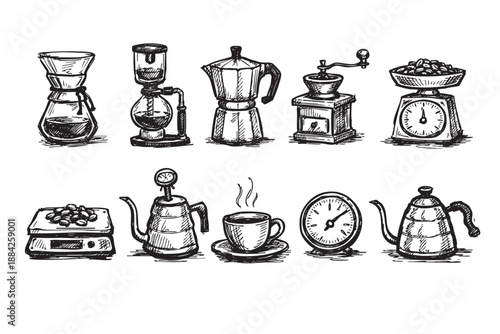A collection of hand-drawn, sketchy black and white illustrations featuring various artisanal coffee brewing equipment, beans, and accessories, perfect for cafe menus or branding.
