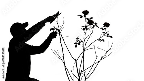 Man pruning rose bush with gardening shears in a serene outdoor setting viewed from the side