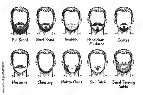 A detailed black and white hand-drawn illustration featuring a collection of popular male facial hair styles, including beards and mustaches, presented as an informative grooming guide.