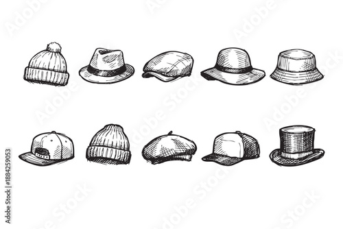 A hand-drawn sketch illustration shows a diverse collection of hats and beanies, featuring various styles in black ink on a clean white background, ideal for fashion or design projects.