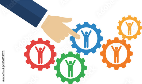 Human resources recruitment illustration with hand selecting employee icon, team management, talent selection process, business strategy, flat vector design