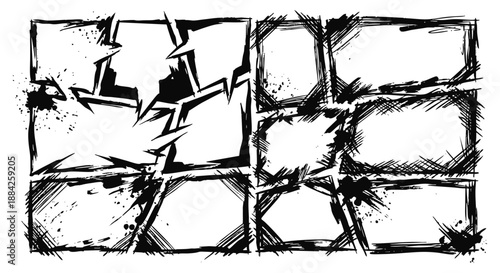 Manga comic book panels set with dynamic action frames and ink splashes in a grunge sketch style. A vector illustration collection for creating dramatic graphic novel and anime layouts.